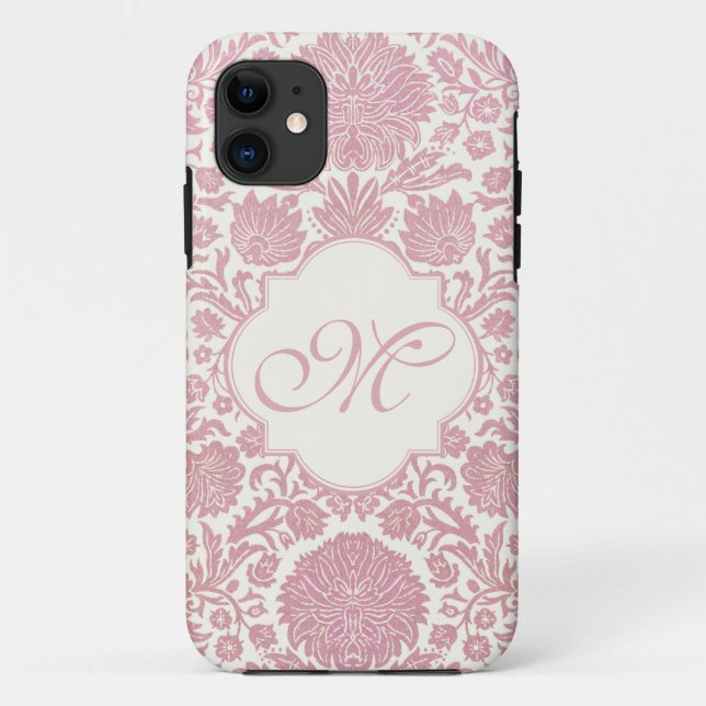Monogrammed Pink Floral Damask Case-Mate iPhone Case (Back)