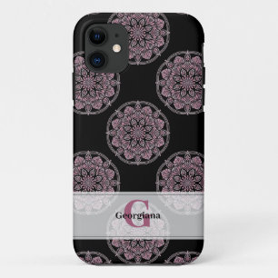 Monogrammed Pink Floral Fronds Polka Dot Mandala Case-Mate iPhone Case