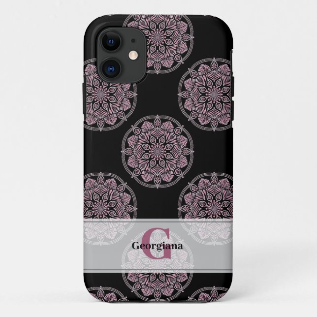 Monogrammed Pink Floral Fronds Polka Dot Mandala Case-Mate iPhone Case (Back)