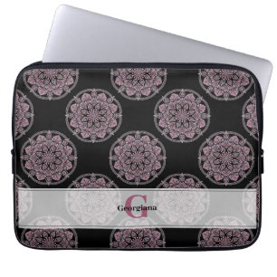 Monogrammed Pink Floral Fronds Polka Dot Mandala Laptop Sleeve