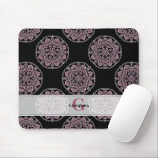 Monogrammed Pink Floral Fronds Polka Dot Mandala Mouse Pad