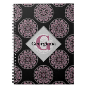 Monogrammed Pink Floral Fronds Polka Dot Mandala Notebook
