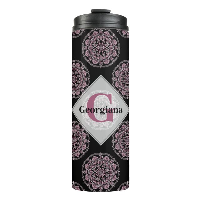 Monogrammed Pink Floral Fronds Polka Dot Mandala Thermal Tumbler (Front)