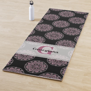 Monogrammed Pink Floral Fronds Polka Dot Mandala Yoga Mat