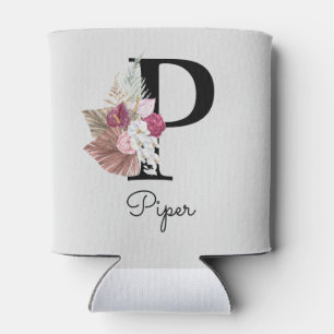 Monogrammed Pink Floral Initial P Can Cooler