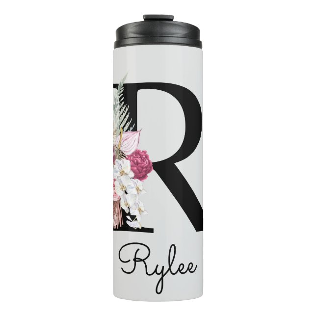 Monogrammed Pink Floral Initial R Thermal Tumbler (Front)