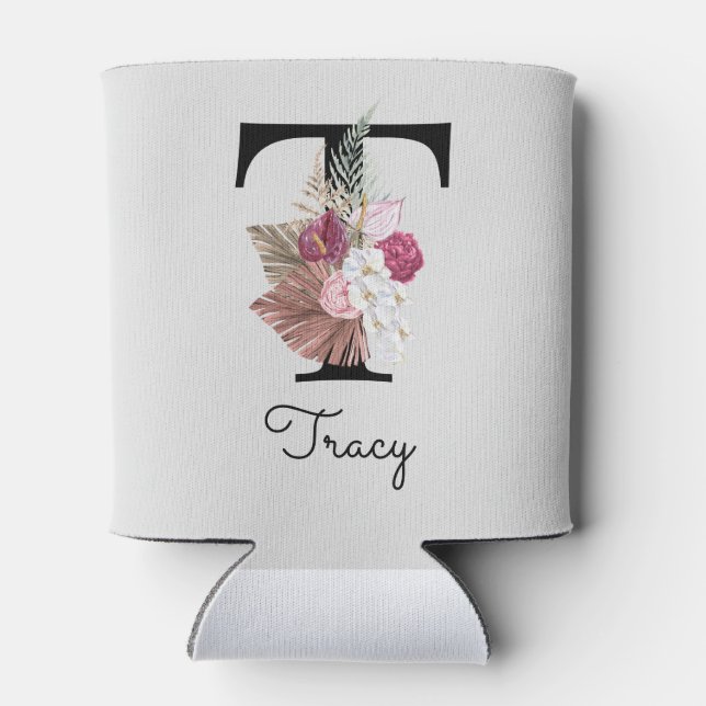 Monogrammed Pink Floral Initial T Can Cooler (Back)