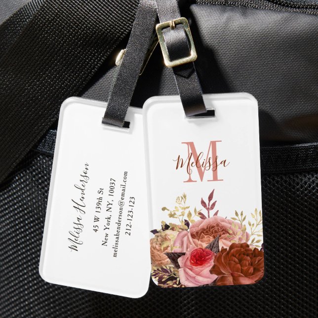 Monogrammed Pink Floral  Luggage Tag (Monogrammed Pink Floral Luggage Tag)