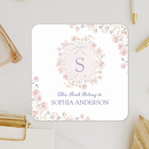 Monogrammed Pink Flower and Lace Floral Bookplate Square Sticker