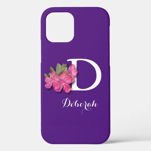 Monogrammed Pink Flower Purple Case-Mate iPhone Case (Back)