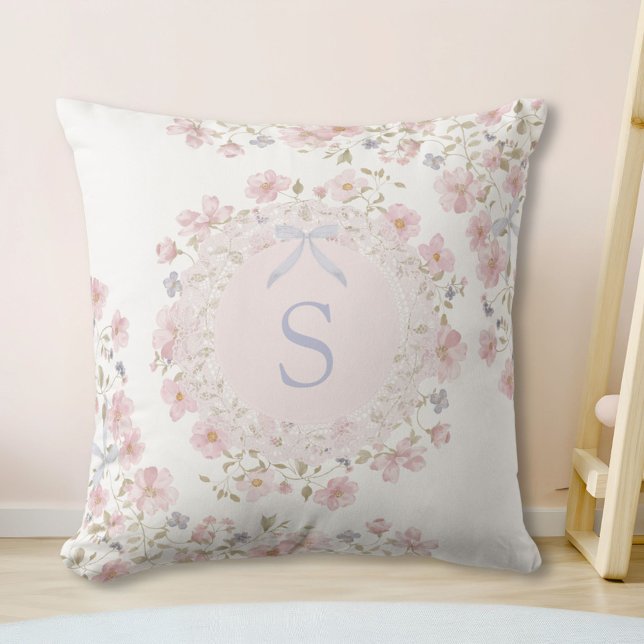 Monogrammed Pink Flowers and Lace Floral Cushion (In situ)