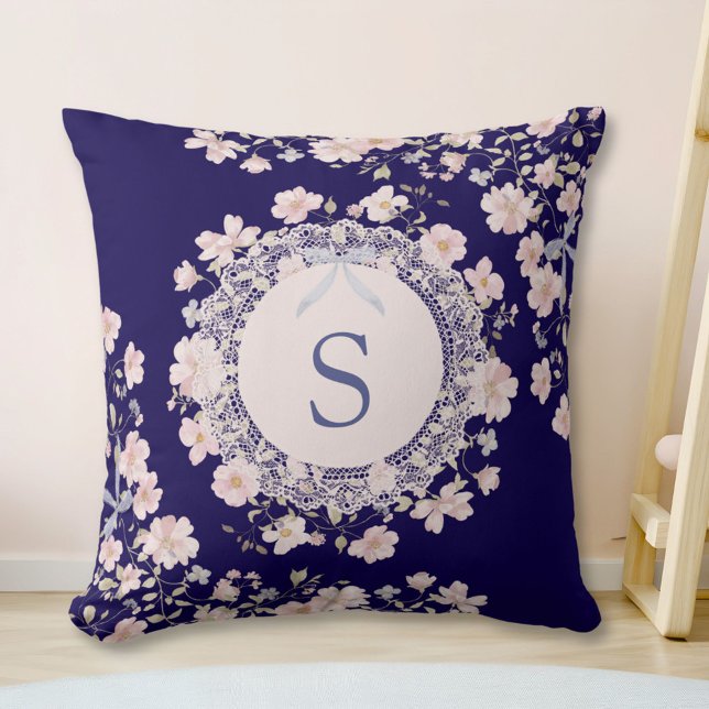 Monogrammed Pink Flowers and Lace Floral Cushion (In situ)