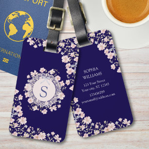 Monogrammed Pink Flowers and Lace Floral Luggage Tag