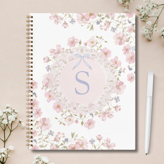 Monogrammed Pink Flowers and Lace Floral Notebook (In situ)