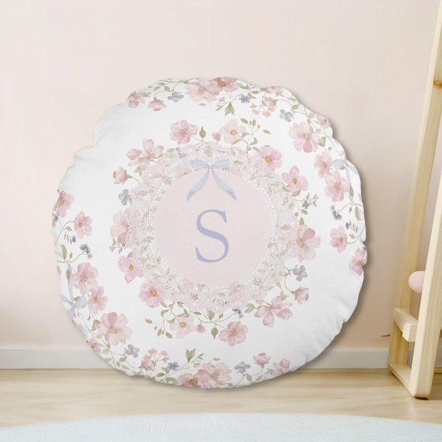 Monogrammed Pink Flowers and Lace Floral Round Cushion (In situ)