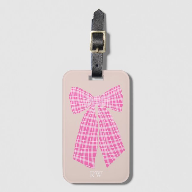 Monogrammed Pink Gingham Romantic Coquette Bow Luggage Tag (Front Vertical)