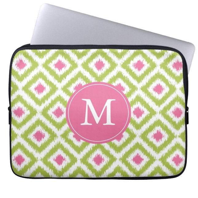 Monogrammed Pink Green Diamond Ikat Pattern Laptop Sleeve (Front)
