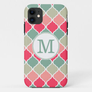 Monogrammed Pink Green Moroccan Lattice Pattern Case-Mate iPhone Case