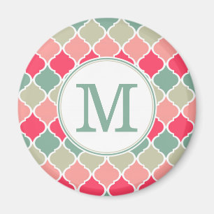 Monogrammed Pink Green Moroccan Lattice Pattern Magnet