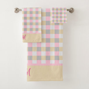 Monogrammed Pink Grey And Yellow Plaid  Bath Towel Set