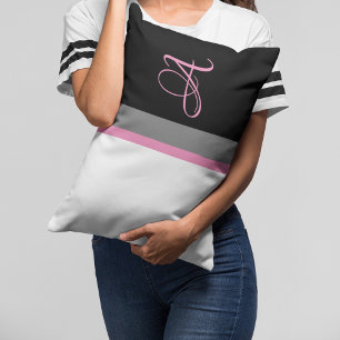 Monogrammed Pink Grey Black Striped Lumbar Cushion