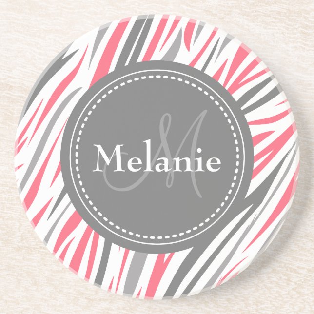 Monogrammed Pink & Grey Zebra Pattern Coaster (Front)