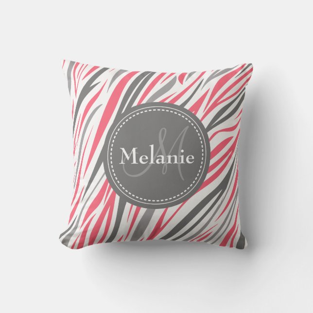 Monogrammed Pink & Grey Zebra Pattern Cushion (Front)
