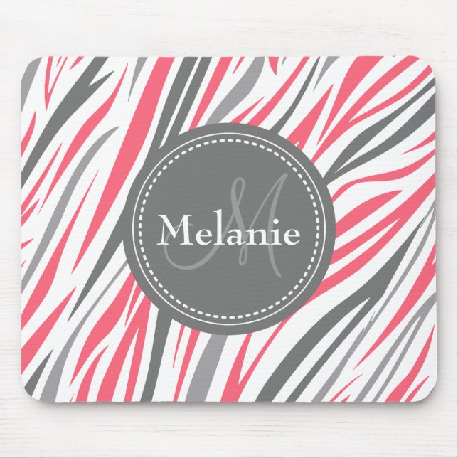 Monogrammed Pink & Grey Zebra Pattern Mouse Pad (Front)
