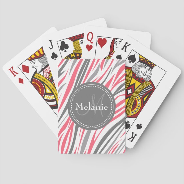 Monogrammed Pink & Grey Zebra Pattern Playing Cards (Back)