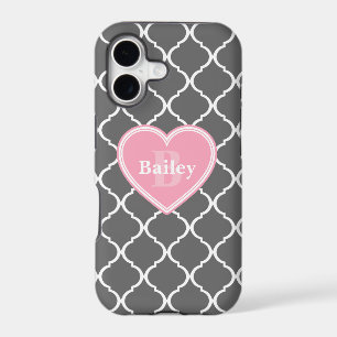 Monogrammed Pink Heart Grey Moroccan Lattice