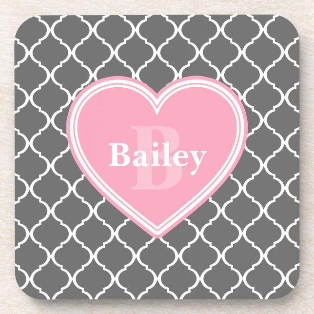 Monogrammed Pink Heart Grey Moroccan Lattice Coaster (Front)