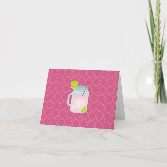 Monogrammed Pink Lemonade + Berry Quatrefoil Note Card (Front)