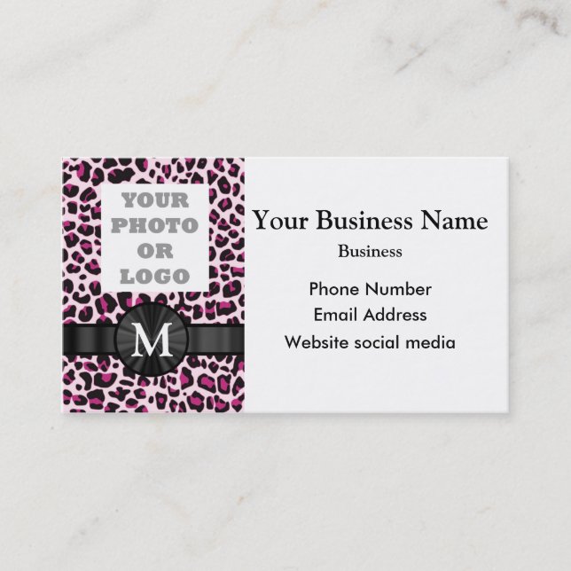 Monogrammed pink leopard print pattern and logo business card (Front)