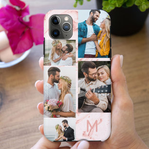 Monogrammed Pink Marble 5 Photo Collage Case-Mate iPhone Case