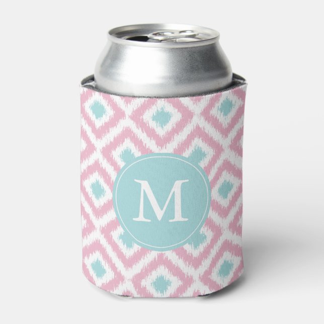 Monogrammed Pink Mint Ikat Diamonds Pattern Can Cooler (Can Front)