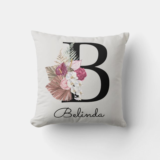 Monogrammed Pink Modern Floral Initial B Cushion (Front)