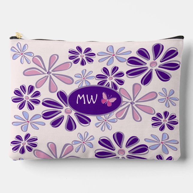 Monogrammed Pink Purple Flower Butterfly Doodle Accessory Pouch (Front)