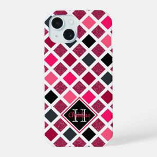 Monogrammed Pink Purple Girly Geometric Pattern iPhone 15 Case