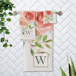 Monogrammed Pink Rose Flower Bouquet Bath Towel Set