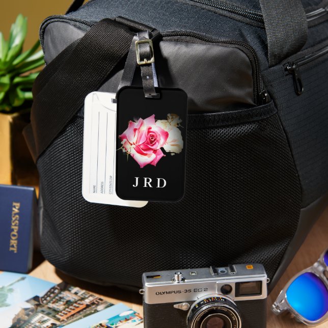 Monogrammed Pink Rose on Black Luggage Tag (Front & Back)