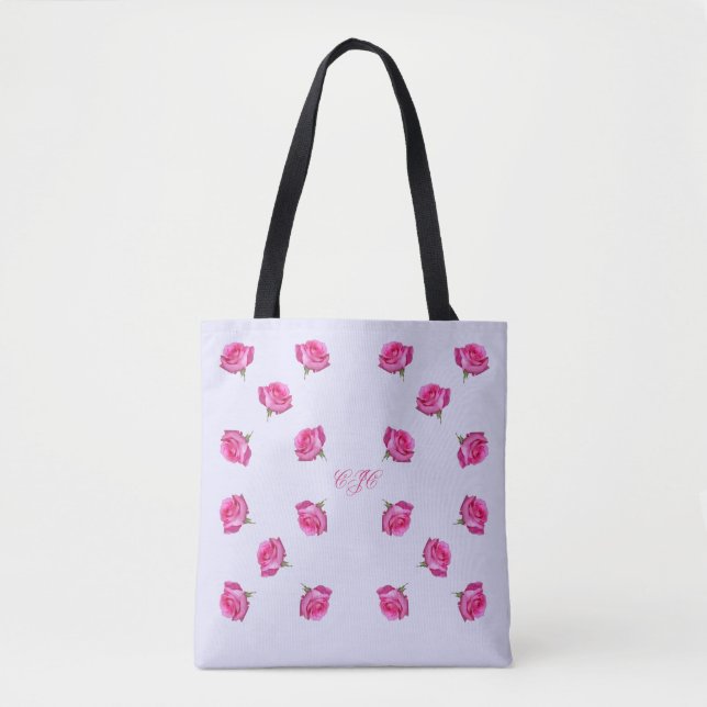 Monogrammed Pink Roses All-Over-Print Tote (Front)