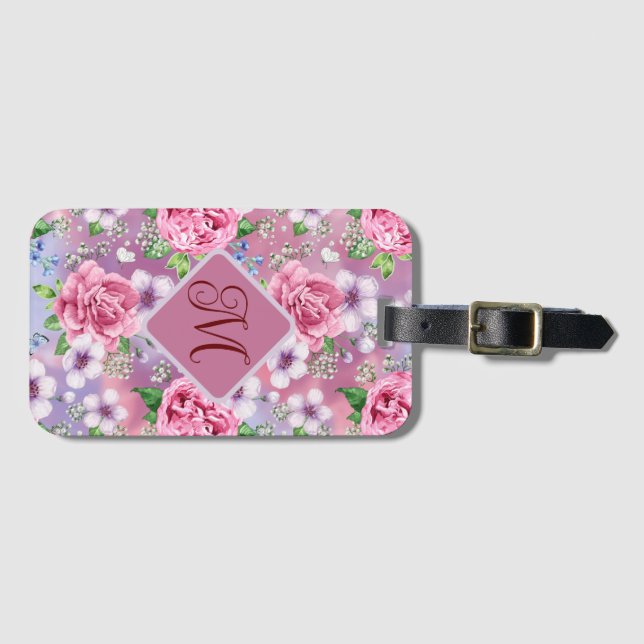Monogrammed Pink Roses Luggage Tag (Front Horizontal)