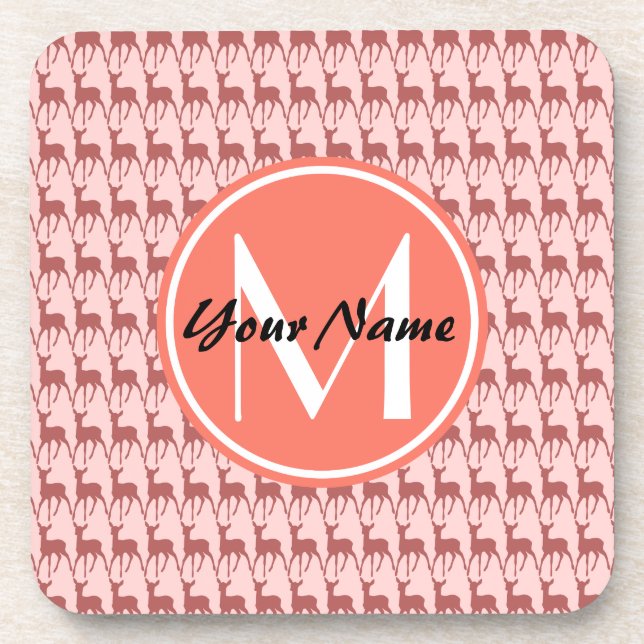 Monogrammed Pink Salmon Deer, Personalised Name Coaster (Front)