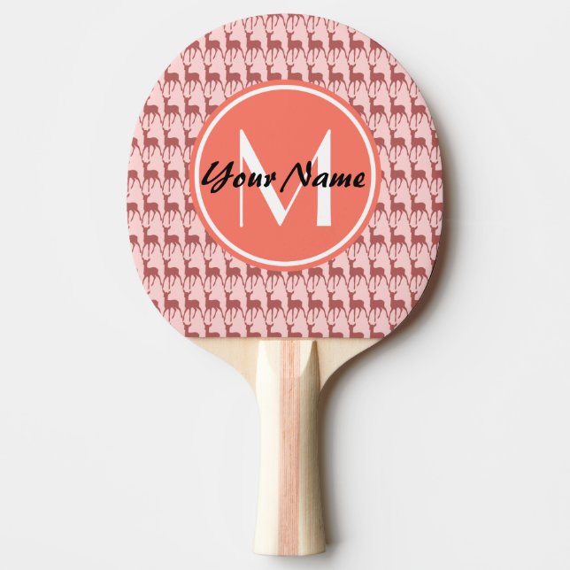 Monogrammed Pink Salmon Deer, Personalised Name Ping Pong Paddle (Front)