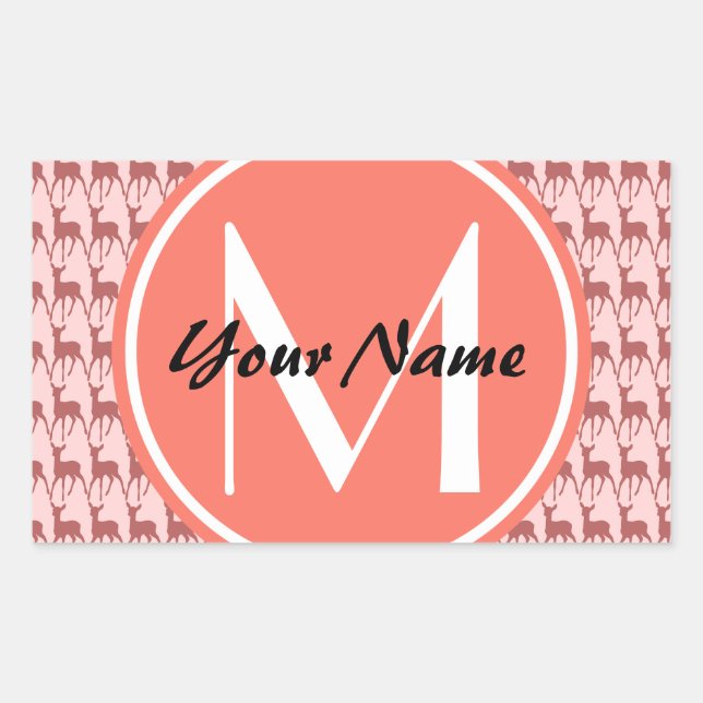 Monogrammed Pink Salmon Deer, Personalised Name Rectangular Sticker (Front)