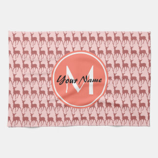 Monogrammed Pink Salmon Deer, Personalised Name Tea Towel