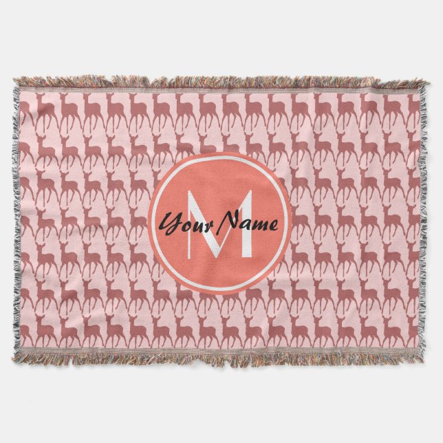 Monogrammed Pink Salmon Deer, Personalised Name Throw Blanket (Front)