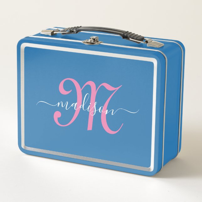 Monogrammed Pink Script Girl's Metal Lunch Box (Front)