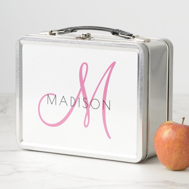 Monogrammed Pink Script Girl's Metal Lunch Box (In Situ)