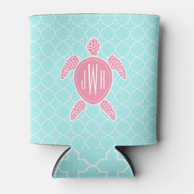 Monogrammed Pink Sea Turtle + Blue Quatrefoil Can Cooler (Front)